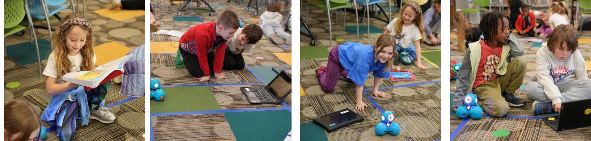 four photos of students coding Dash robots